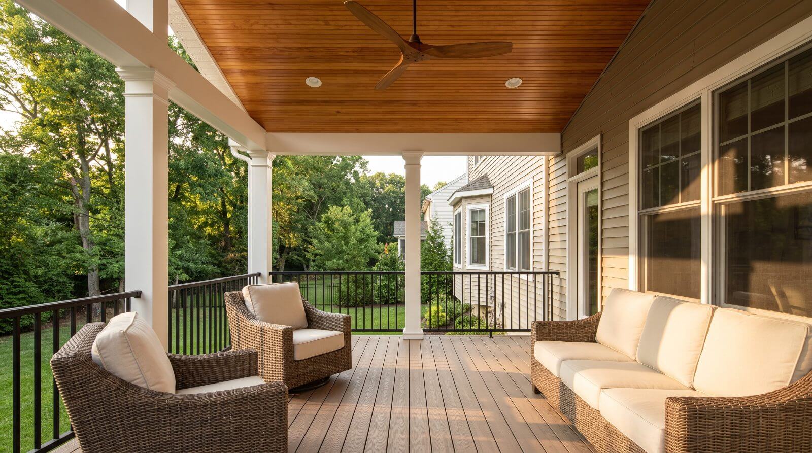 Covered porch with a wood ceiling, columns and railing on a New Jersey home